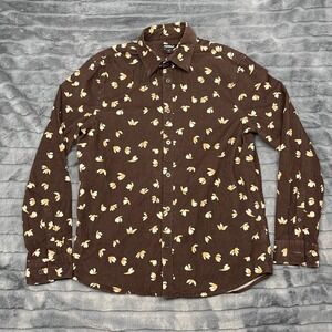 Express Corduroy Button Down Mens Medium Brown Floral Print Long Sleeve Shirt